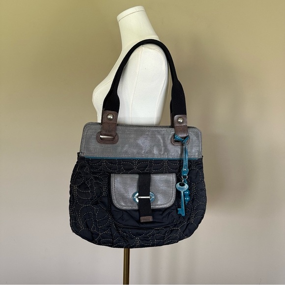 Fossil Key Per Quilted Purse Shoulder Bag Tote Brown Teal Floral Stitching Casua - Picture 3 of 15